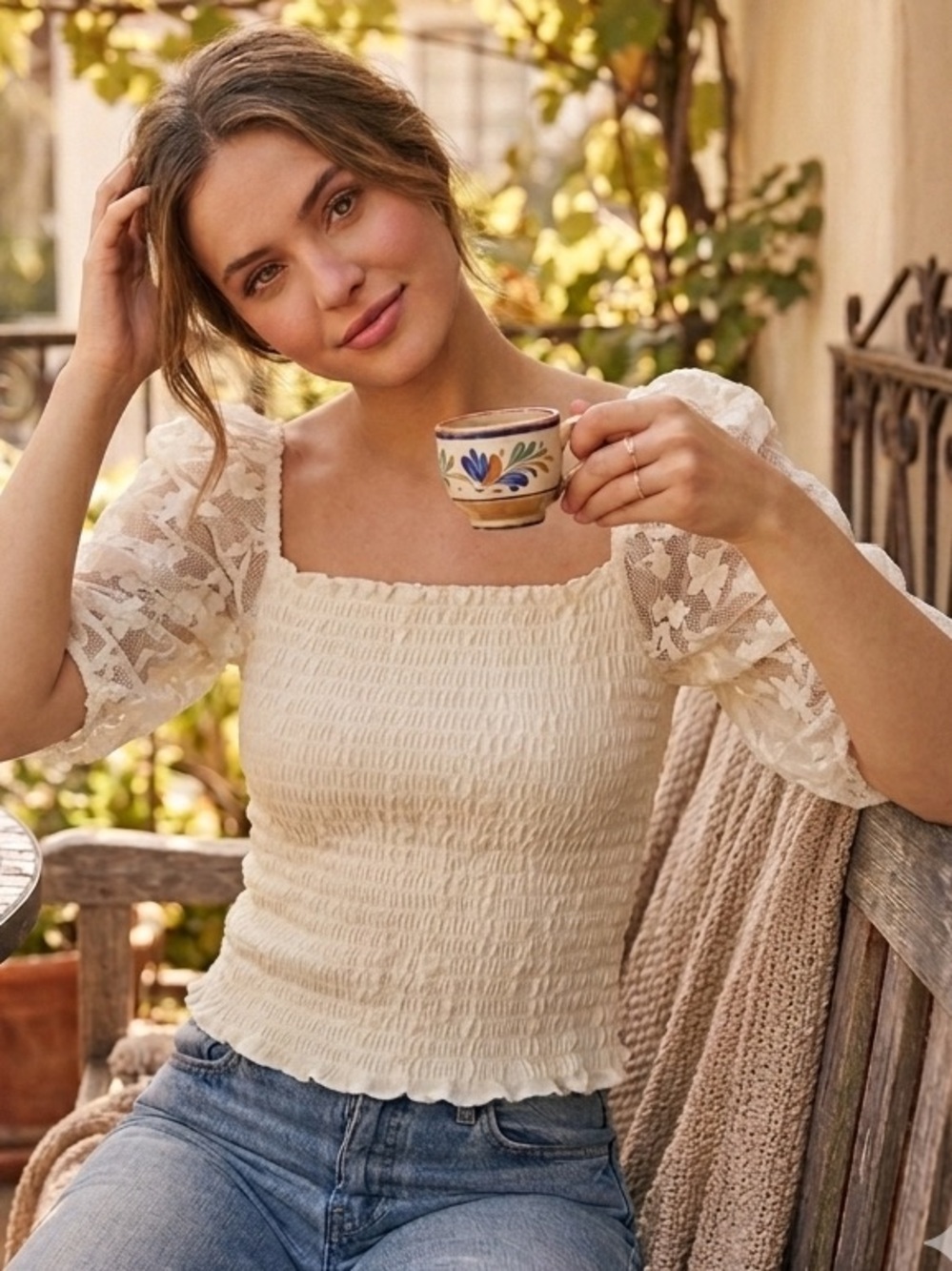 Willow Root Smocked Square Neck Puff Sleeve Top in Cream